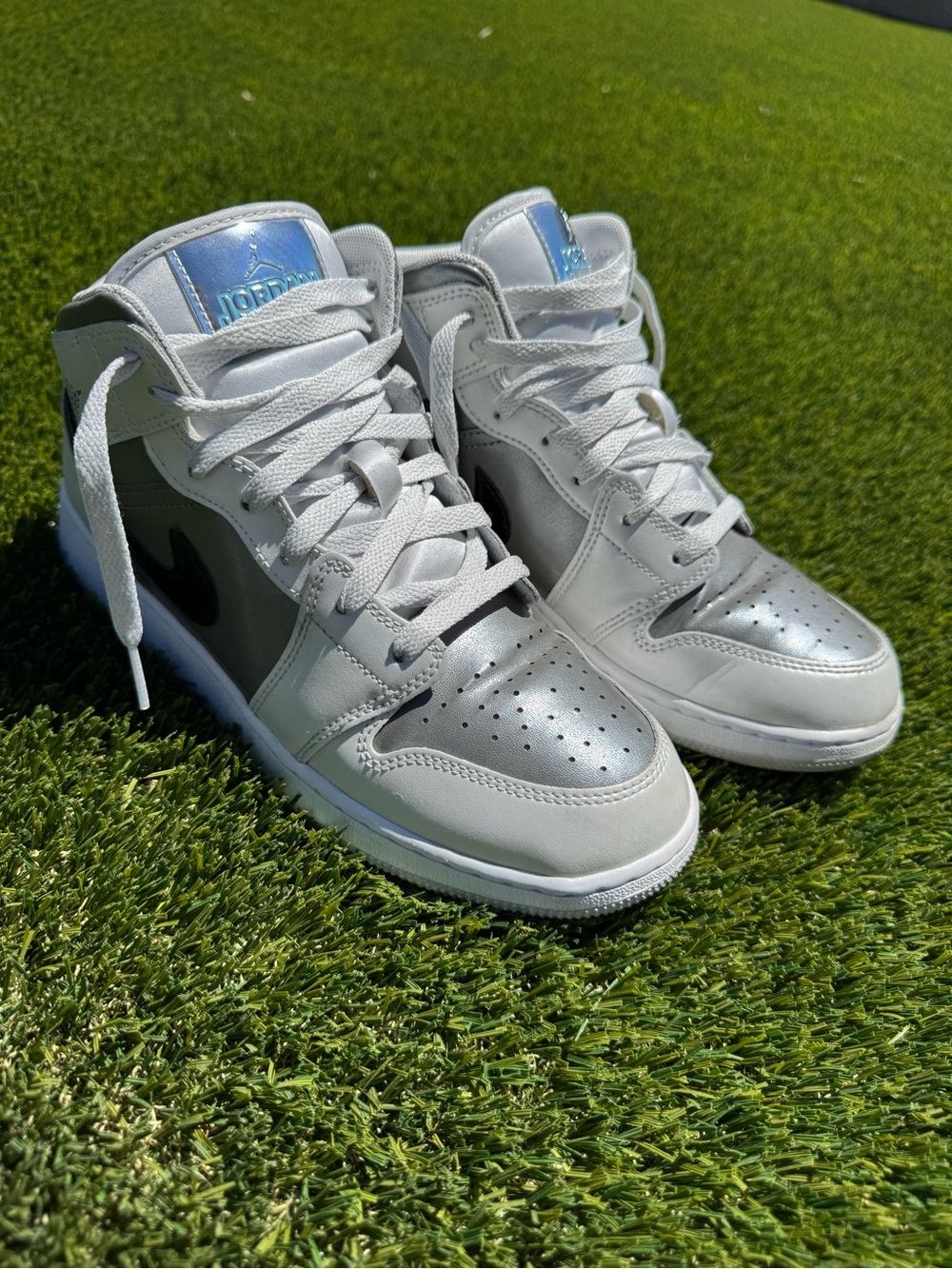 Jordan Mid-Top Sneakers in White, Metallic Silver and Black